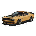 Golden-yellow widebody Dodge Challenger SRT with black accents and tinted windows on a black background.