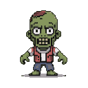 A pixel art zombie with green skin, a tattered red vest, white shirt, and blue pants, grinning with vacant eyes.