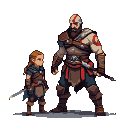Kratos and Atreus stand ready for battle, weapons in hand.