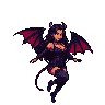 A seductive succubus with bat-like wings and devilish horns, wearing revealing dark attire with glimpses of crimson and peach skin, against a black background.