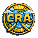 Stylized Earth emblem with golden "CRA" text, clouds, a sunburst border, and crossed golden staffs.