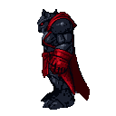 Dark-skinned, muscular creature in profile with glowing red eyes and a flowing crimson sash.