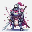 Knight in ornate floral armor holding a sword, with rose petals scattered around.