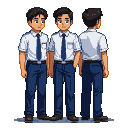 Young Indonesian male student in white shirt, blue tie, and blue trousers, shown in front, angled, and back views.