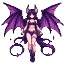Succubus anime girl with purple bat wings and matching lingerie, dark flowing hair, and two serpentine tails against a black background.