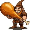 A stout, jovial dwarf with a pointed brown hat and bushy red beard grins widely, baring his teeth, while proudly holding a huge golden-brown roasted chicken leg.