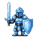 Stoic knight in shimmering ice-blue armor, holding a broadsword and a frost-patterned shield.