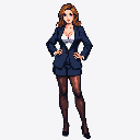 Woman in a dark blue pantsuit with a low-cut white blouse, sheer dark stockings, and high heels, standing with hands on hips.