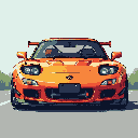 Orange Mazda RX-7, front view, with blurred green foliage and pale sky.