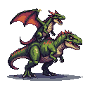 A large green Indominus Rex with crimson streaks on its scales, and a smaller green dragon with unfurled wings perched on its back. Both creatures have glowing red eyes.