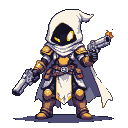 Tall figure in a flowing white cloak over ornate golden armor, with a masked yellow and brown face, piercing yellow eyes, and holding two gleaming white pistols with red cores.