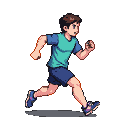 A young person runs with determined focus, wearing blue shorts and a teal and blue t-shirt.