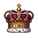 Regal crown with crimson velvet, gold filigree, and sparkling jewels on a black background.