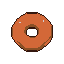 A stylized orange donut with dark brown edges and two small white eyes, floating on a black background.