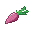 Pink and magenta pixel art radish with green leaves on a black background.