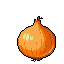 A pixelated, bulbous onion with orange, yellow, and green shading, and a dark stem.