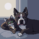 Pixel Art: two cats laying with a germanpitbull mix dog
