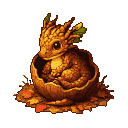 Pixel Art: A miniature dragon that lives inside acorns, golden-brown sc...