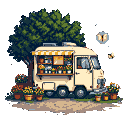 A white flower truck with a yellow and white striped awning, displaying yellow, orange, and red potted flowers, parked under a leafy green tree.