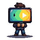 Person holding a mobile device with a pixelated screen displaying a teal to yellow gradient and a white play button.