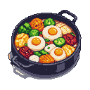 A dark pan filled with three fried eggs with orange yolks, green broccoli florets, jalapeño slices, grilled meat, and golden-brown potatoes.
