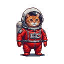 Ginger tabby cat in a red spacesuit with helmet and backpack.