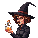 Mischievous witch with wild ginger hair and piercing eyes grins wickedly holding a glowing, bubbling potion bottle of fiery liquid.