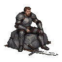 A weary knight in dented armor slumps on a rock, head bowed, with his sword on the ground.