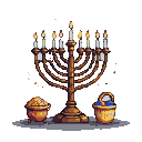 A golden Hanukkah menorah with nine flickering candles stands against a black background. Two ornate golden bowls flank the menorah, one holding coins and the other small blue objects.