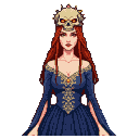 Regal woman with auburn hair and fiery eyes, wearing an off-the-shoulder blue gown with golden embroidery and a crown made of a human skull with glowing eye sockets.
