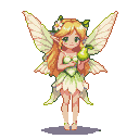 A fairy with flowing blonde hair, wearing a flower and leaves, holds a green pear. Her large, pale green, translucent wings are spread wide.