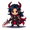 Chibi demon warrior in ornate dark blue and gold armor with crimson cape, wielding a glowing blood-red sword, sharp crimson horns, and piercing red eyes.