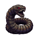 Monstrous segmented worm with glowing red eyes and sharp teeth, coiled in a menacing circle.