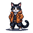 Anthropomorphic black and white cat wearing an orange bomber jacket, hands in pockets, with a subtle smile.