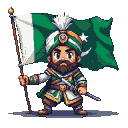 Warrior in green and gold armor and turban holding a Pakistani flag.