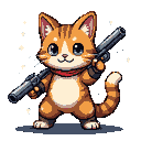 Orange tabby cat with blue eyes, red bandana, and tactical armbands, holding two modern firearms.