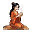Pixel Art: Asian woman kneeing on Asian wooden floor with a cup of hot steaming tea in both hands. The cup is traditional Asian. She wears traditional clothing. (generated with AI by Eldfira Faerie).