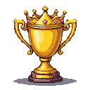 Golden trophy with a jeweled crown and two handles, on a dark textured base.