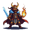 Warrior clad in red and gold armor with icy blue accents, wielding a glowing ice sword and conjuring a fire orb.