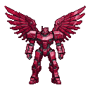 Metallic raspberry-colored mech with feathered wings against a black background.