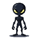 A dark-skinned alien with glowing yellow almond-shaped eyes and a skeletal physique.