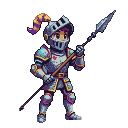 Knight in polished grey and silver armor with pink and cyan accents, holding a spear, wearing a plumed helmet.