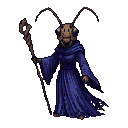 A cloaked figure with an ant's head and prominent antennae, clutching a gnarled staff against a black background.