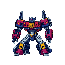 A blue, red, yellow, and silver robot in a crouched stance, arms slightly extended, with a chest emblem.