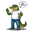 Pixel Art: An alligator standing, wearing a white t-shirt, blue jeans, ...