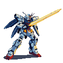 A blue, white, and red mecha with orange accents holds a glowing yellow beam saber diagonally across its body.