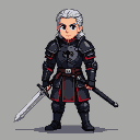 Stoic warrior in black armor with red trim, silver hair, violet eyes, and a Targaryen dragon sigil on chest. He holds a gleaming sword.