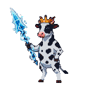 Regal Holstein cow standing on hind legs, wearing a golden crown and holding a crackling electric blue thunder spear.