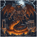 Chimera with dragon wings and serpentine lower body, coiled amidst fiery ruins under a stormy, moonlit sky with lightning.