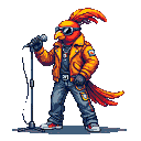 Anthropomorphic bird performing with a microphone, wearing sunglasses, an orange leather jacket, and jeans.